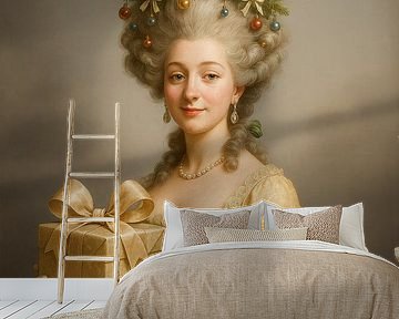 Rococo Christmas portrait with gold present and Christmas tree hairdo by But First Framing