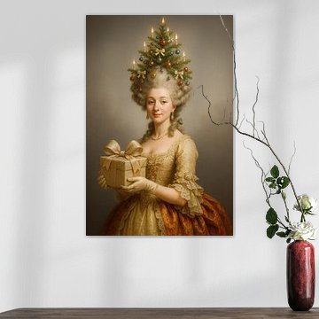 Rococo Christmas portrait with gold present and Christmas tree hairdo by But First Framing