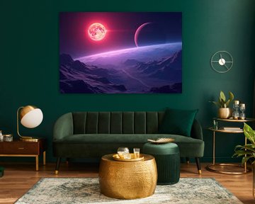 Karminroter Mond und rosa Planet über lila Alien-Landschaft