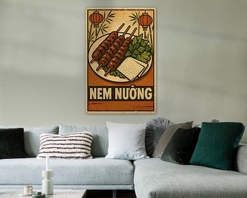 Nem Nướng Poster - Gegrilltes vietnamesisches Schweinefleisch im Retro-Stil von Travel Shop