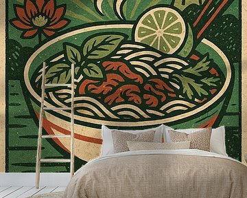 Phở Muurkunst - Vintage Vietnamees voedselillustratie