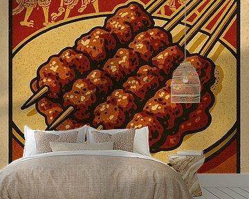 Vintage Sate Ayam Print - Indonesische Poster van Straatvoedsel