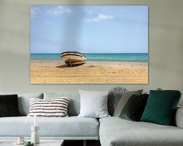 Scene of fishing boat on the white beach of Santa Maria in Sal Cape Verde by Benjamien t'Kindt