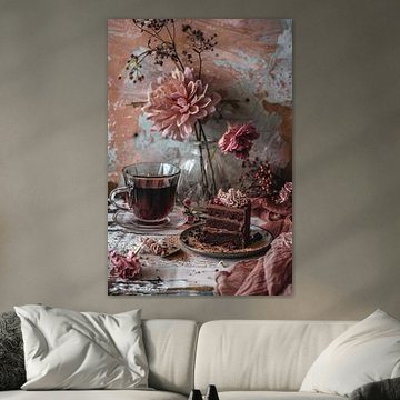 Koffie en chocoladetaart - dromerig stilleven van Joriali Fine Art