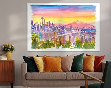 Seattle skyline at dusk with Mount Rainier in the spotlight by Markus Bleichner