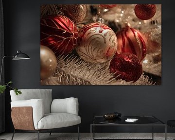 Kerstballen in Wit Goud en Rood Elegantie op Sneeuwtakken