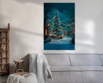 Kerstboom in Sfeervol Winterdorp Vol Licht en Warmte van Eva Lee