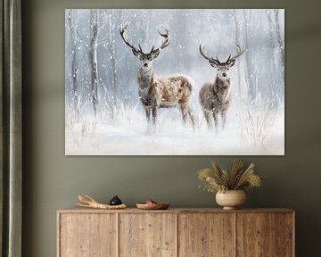 Hirsche im verschneiten Wald Stille und majestätische Winter Bild von Eva Lee