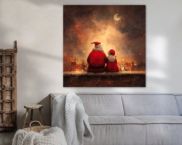 Santa and Child Under Starry Sky in Warm Evening Ambience by Eva Lee