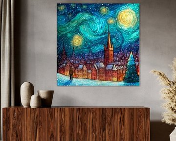 Winter Town in Starry Night Style Full of Colour and Wonderment by Eva Lee