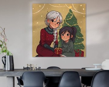 Mutter und Tochter am Weihnachtsbaum in warmem, illustrativem Stil von Eva Lee