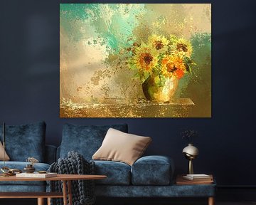 Atmospheric Still Life of Sunflowers in Golden Pot by Studio Pieternel