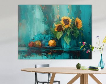 Atmospheric Still Life of Sunflowers and Fruit Bowl by Studio Pieternel