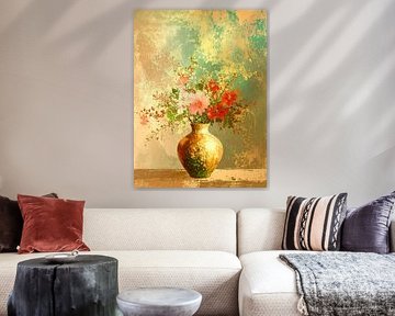 Atmospheric Japandi Still Life of Flowers in Gold Vase by Studio Pieternel