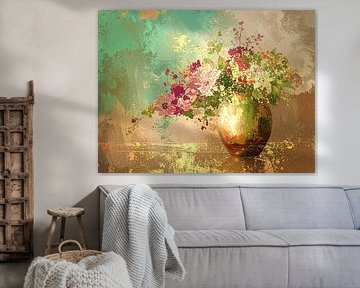 Serene Japandi Still life of flowers in gold vase by Studio Pieternel