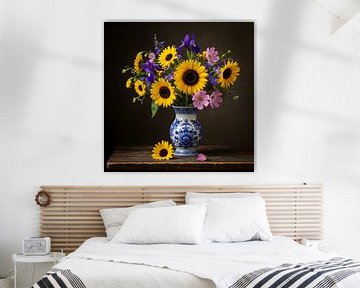 Zonnebloemen op delftsblauwe vaas