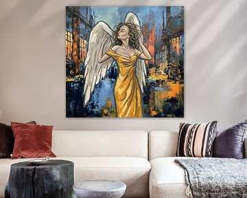 Kleurig kunstwerk engel in verlaten fabriek