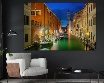 Quiet Canal with Leaning Bell Tower at Dusk, Venice, Italy by Aloke Design
