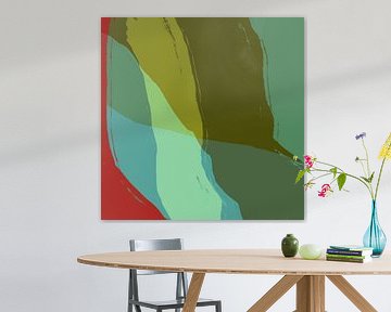 Warm colorful minimalist abstract painting in green, light blue and red by Dina Dankers