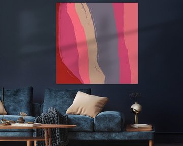 Warm colorful minimalist abstract painting in pink, red, muted violet by Dina Dankers