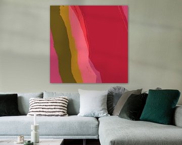 Abstract kleurrijk minimalistisch schilderij met neonroze, mosgroen en warm rood van Dina Dankers