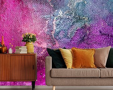 Abstrakte Alcohol-Ink-Malerei auf Leinwand, Pink, Grün und Violett