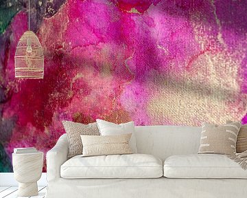 Abstrakte Alcohol-Ink-Malerei auf Leinwand, Pink, Grün und Violett