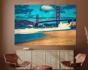 Golden Gate en branding bij Baker Beach, San Francisco, VS