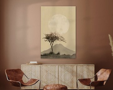Cherry blossom in front of the moon - Japandi Art by Niklas Maximilian