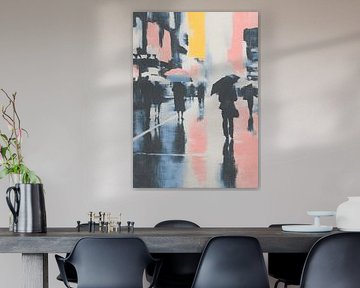 Menschen im Regen – Minimalistische Ölkunst