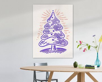Minimalistische Weihnachtsbaum-Illustration mit warmem Glanz und verspielten handgezeichneten Linien
