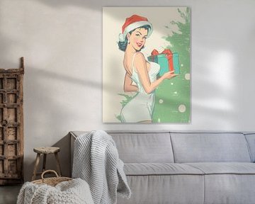 Retro-Weihnachts-Pin-up-Frau mit Geschenk im Vintage-Stil voller Charme und Festtagsstimmung