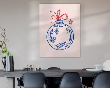 Minimalistische Illustration einer Weihnachtskugel mit roter Schleife in moderner blau-roter Strichzeichnung