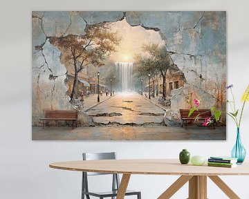 Street scene with waterfall - Dreamy urban painting by BowiScapes abstract and digital art