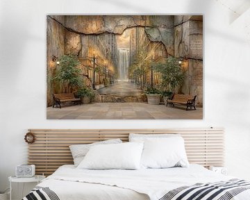 Illuminated city wall with waterfall - Mysterious street art painting by BowiScapes abstract and digital art