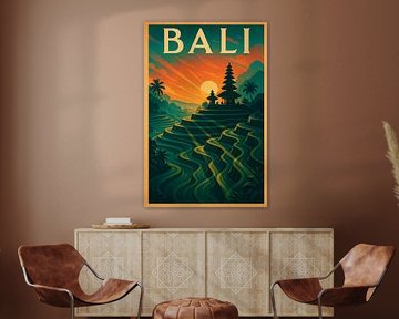 Vintage Bali Poster – Ubud Rice Terraces and Temple Glow by Travel Shop