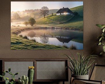 Huis op heuvel weerspiegeld in vijver bij zonsopgang van Markus Gann