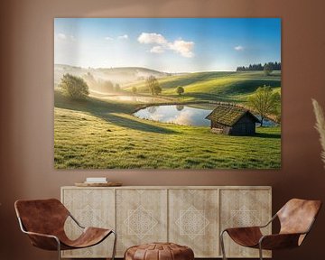 Landschap met vijver, schuur en glooiende heuvels
