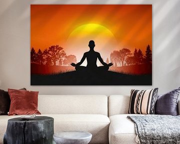 Mediterende persoon Silhouet met zonsondergang en bomen van Markus Gann