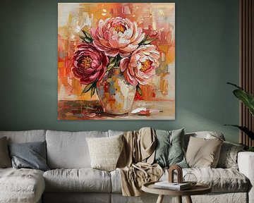 Modern Abstract Still life of 3 peonies on a vase by Studio Pieternel