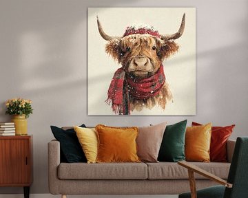 Hooglander in Winterstijl Met Muts en Geruite Sjaal van Eva Lee