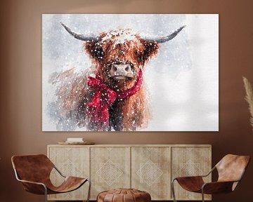 Hooglander in Winteraquarel Met Rode Sjaal en Sneeuwvlokken van Eva Lee
