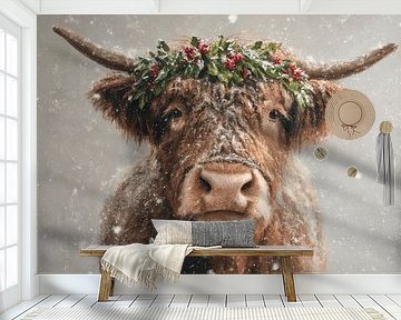 Hooglander met Kerstkrans Sneeuwachtig Portret vol Feestelijke Charme