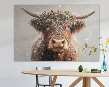 Hooglander met Kerstkrans Sneeuwachtig Portret vol Feestelijke Charme van Eva Lee