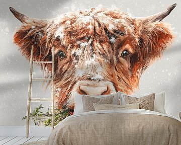 Hooglander in Winterse Knabbel Vrolijk Portret met Kerstgroen