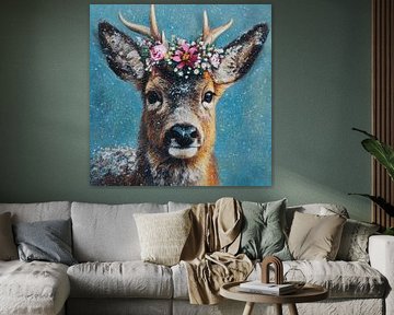 Deer in Floral Winter Poetic Portrait with Snow and Crown by Eva Lee