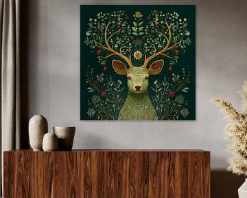 Deer in Botanical Symphony Natural Antlers and Green Elegance by Eva Lee