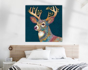 Hirsch in floralem Mosaik Buntes Tierportrait mit Mustern von Eva Lee