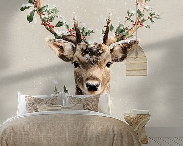 Hert in Wintermagie Met Hulst en Sneeuwvlokken