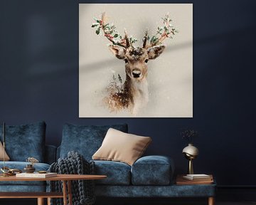 Hert in Wintermagie Met Hulst en Sneeuwvlokken van Eva Lee